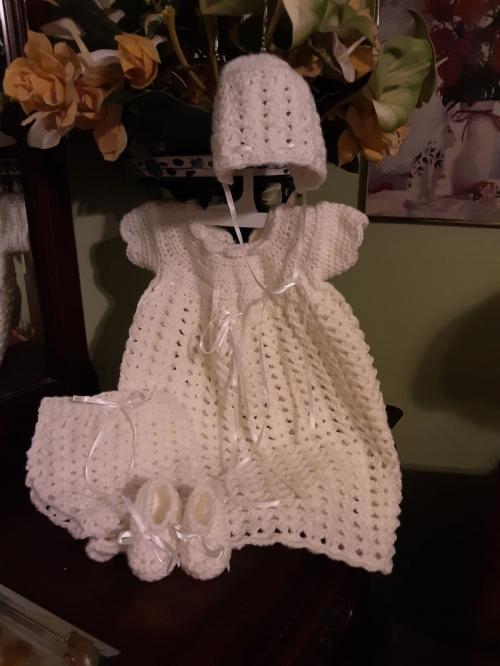Crochet Baby Dress, Bonnet, Diaper Cover and Booties 